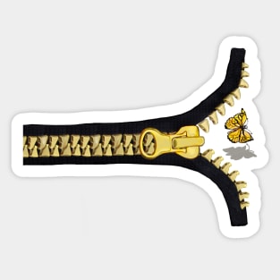 Black with gold zipper and butterfly flying out Sticker